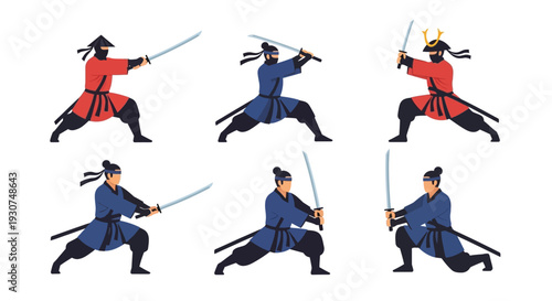Six stylized depictions of samurai warriors in dynamic fighting poses
