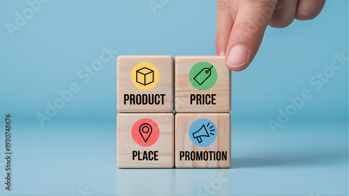 Marketing Mix Strategy Hand Arranging Wooden Blocks Representing the 4 Ps for Business Growth