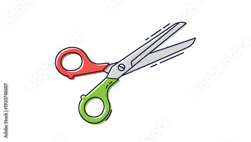 Pair of sharp metal scissors with colorful red and green handles shown in an open position ready for cutting paper or fabric materials.
