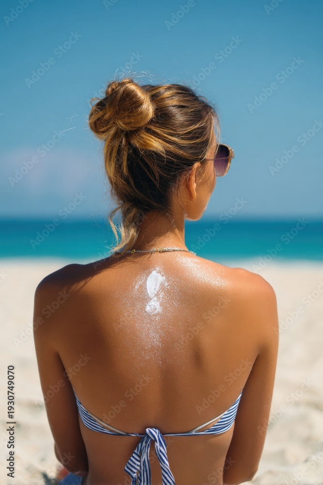 Obraz premium Young caucasian female relaxing on sunny beach with sunscreen