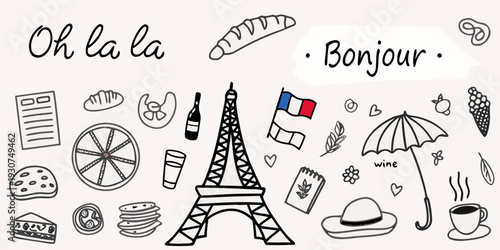 Parisian themed doodles with french text and iconic landmarks