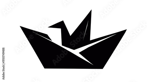 Black and white origami stylized crane with an angular design. Simple and minimalistic