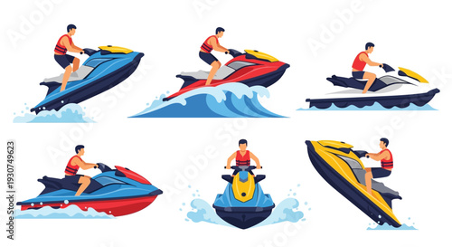 Colorful jet ski illustrations depicting various angles and perspectives