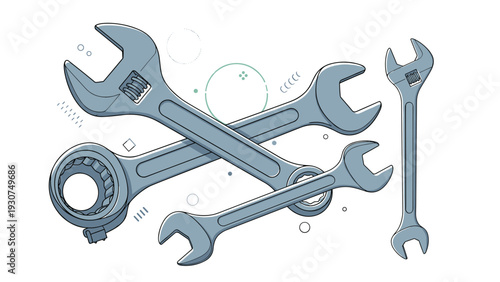 Multiple adjustable wrenches and spanners of various sizes are arranged together for use in mechanical repairs and home maintenance.
