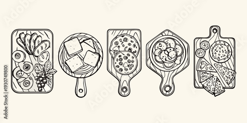 Artistic rendering of assorted cheeses breads and charcuterie on boards