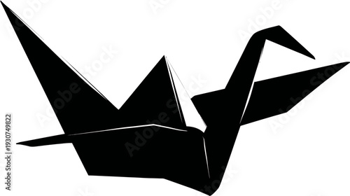 A black and white illustration of a folded bird, created with geometric shapes
