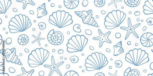 A light blue seamless pattern of various seashells and marine life