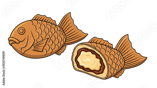 Two traditional Japanese taiyaki fish-shaped cakes with one cut open to reveal a delicious custard or red bean paste filling inside.