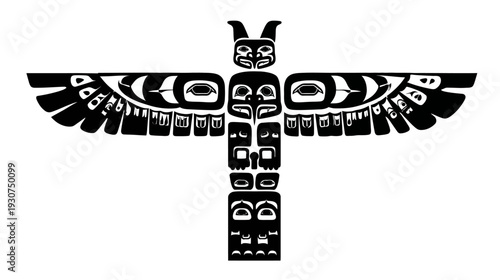 Black and white silhouette of a traditional pole, featuring animal and human figures