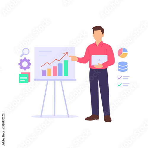 Data Analytics Review, assessing insights for strategic decisions, Flat vector character illustration