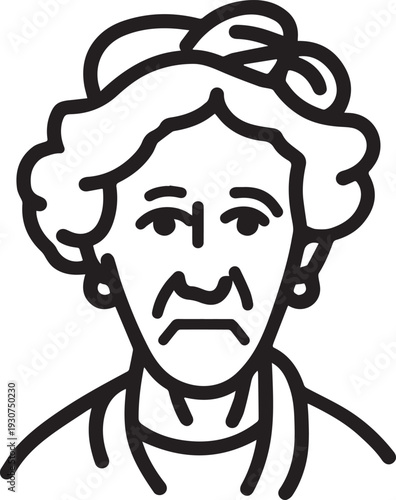 Old Woman Black and White Avatar Illustration in Minimal Line Art Style Design