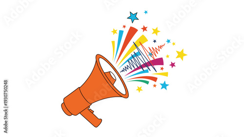 Bright orange megaphone projects colorful sound waves stars and zig-zag lines to represent a loud announcement or celebration.