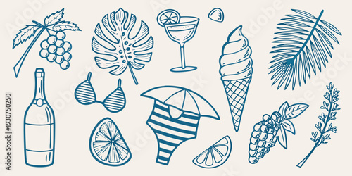 Summer themed doodles featuring tropical leaves drinks and beach items