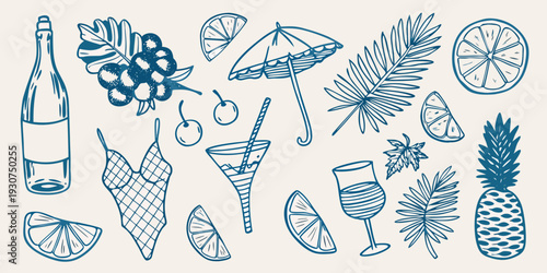 Summer themed hand drawn illustrations including drinks fruit and beach items