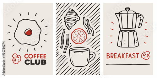 A charming triptych of breakfast items eggs coffee and a stovetop espresso maker