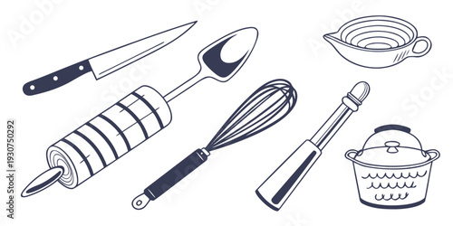 A variety of kitchen utensils and tools for cooking and baking