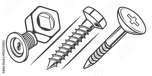 Assorted fasteners including bolts, screws, and nuts