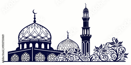 Intricate sketch of a mosque with domes and minarets surrounded by trees