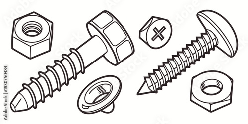Assorted hardware fasteners including nuts, bolts, and screws.