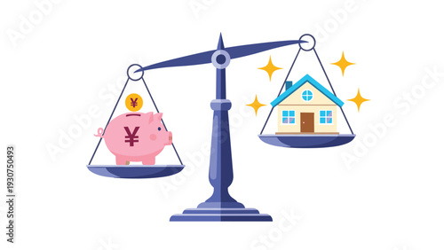 Blue balance scale compares the weight of a pink piggy bank with a small house representing saving money for a future home purchase.
