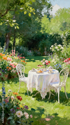 Romantic afternoon tea on a vintage garden table in a lush blooming cottage garden, dreamy oil painting illustration