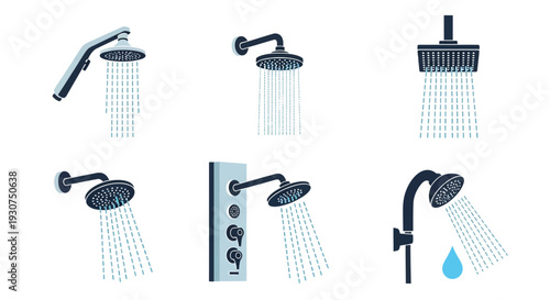 Various showerhead designs illustrated with water droplets falling downwards