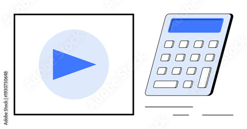 Multimedia, finance, education, calculations, technology, interface design. Blue play button alongside a calculator. Multimedia and financial concepts conveyed through clear, minimal design