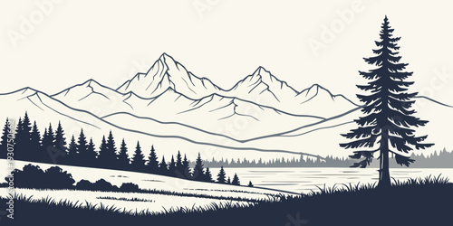 Majestic mountain landscape with a single pine tree in the foreground