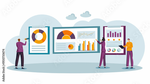 Business team analyzing data on large presentation boards