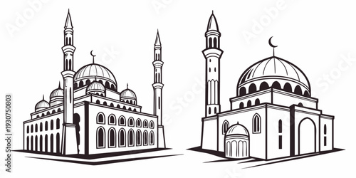Two intricate mosque architectures illustrated in black and white