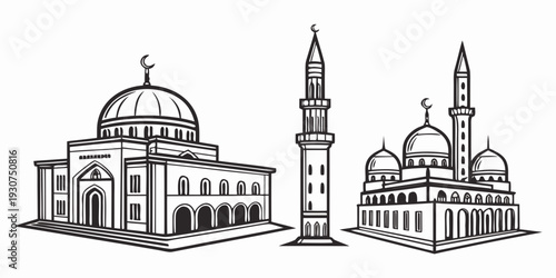 Detailed illustration of two mosques with minarets and domes