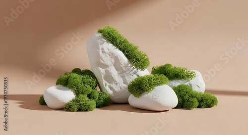 Wallpaper Mural A group of white rocks covered in green moss on a beige background Torontodigital.ca