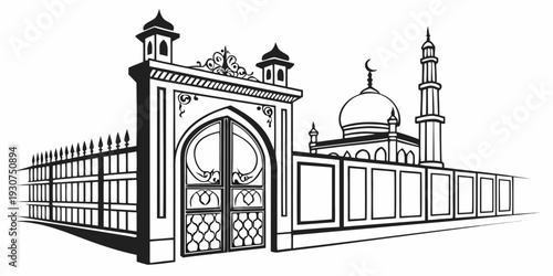 Intricate architectural design of a mosque with a large dome and minarets