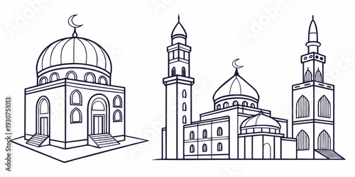 Intricate architectural drawings of various styles of mosques with domes and minarets