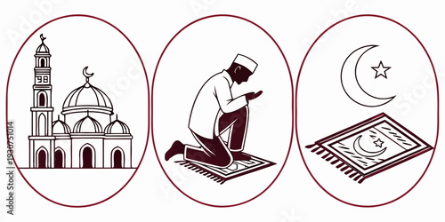 Illustration of a mosque, a person praying, and a book with a crescent moon