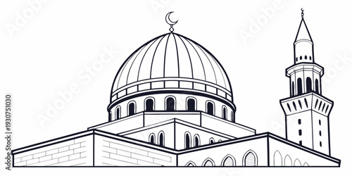 Intricate architectural drawing of a mosque with a dome and minaret