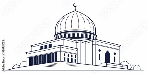 A detailed sketch of a grand mosque with a large dome and minaret.