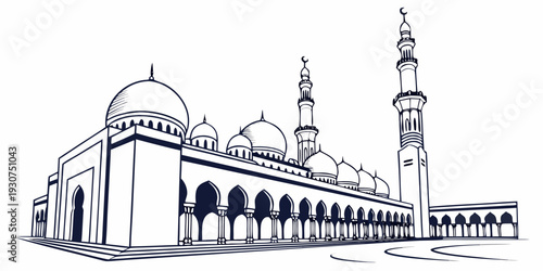 Grand mosque with intricate architecture and minarets in a city setting