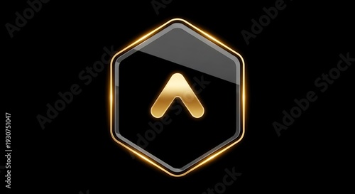 Sleek black hexagonal button with golden arrow pointing up for premium interface design element set