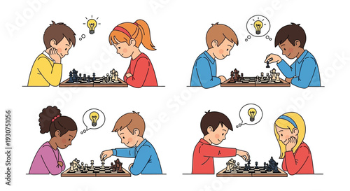 Children engaged in chess thoughtfully considering their next moves