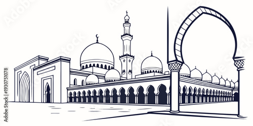 A detailed illustration of a mosque with a large dome and minaret