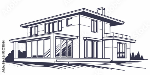 Modern house with large windows and a balcony overlooking a scenic landscape