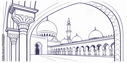 Intricate architectural drawing of an ancient mosque with detailed minarets and arches