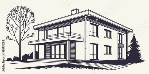 A large, modern two-story house with a balcony and a tree in the front yard.