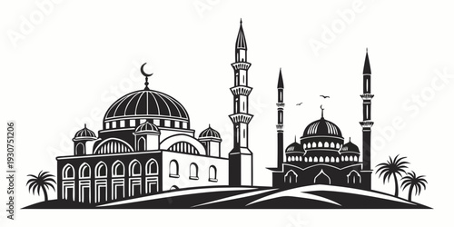 Intricate black and white illustration of a mosque with domes and minarets