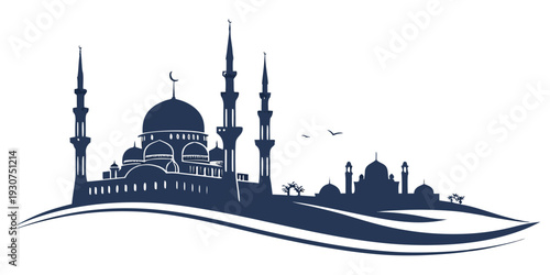 A detailed silhouette of a mosque with minarets and domes against a landscape
