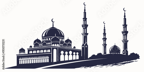 A detailed illustration of a mosque with minarets and domes against a clear sky.
