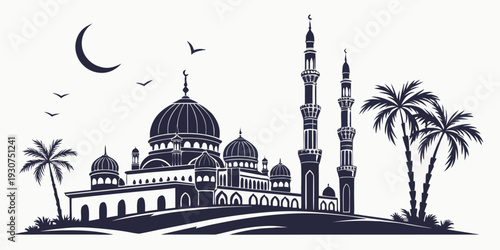 A serene mosque with minarets and palm trees under a crescent moon