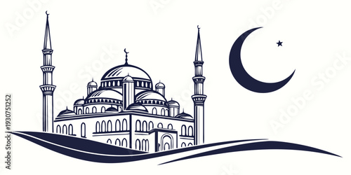 A serene illustration of a mosque under the moonlight with crescent