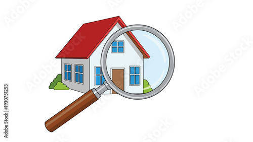 Traditional house with a red roof is seen through a large magnifying glass indicating a thorough real estate search or appraisal.